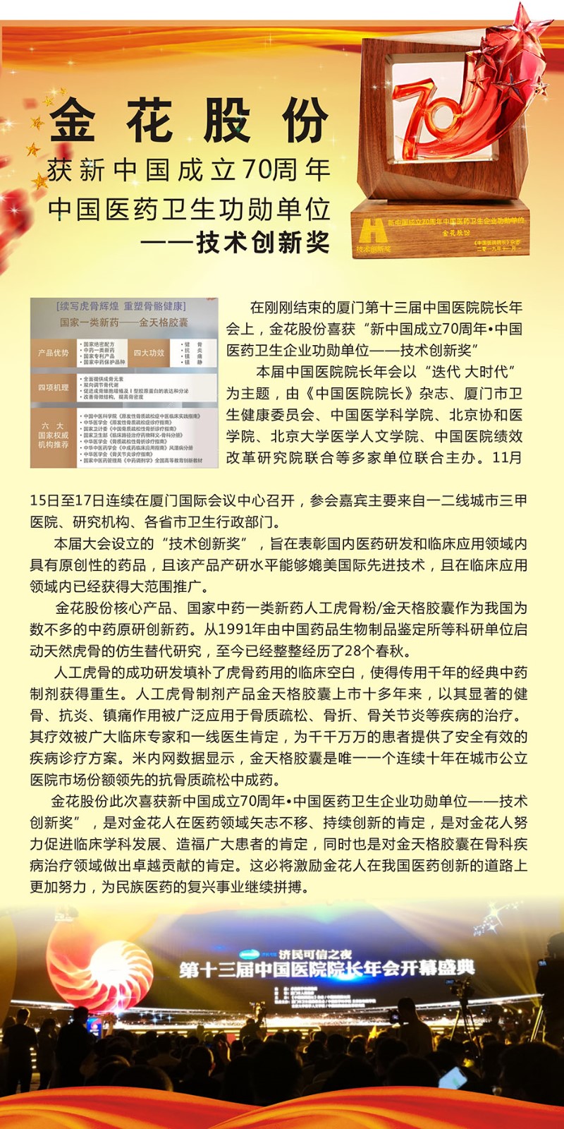 球速体育股份喜获 新中国成立70周年中国医药卫生功勋单位——技术创新奖